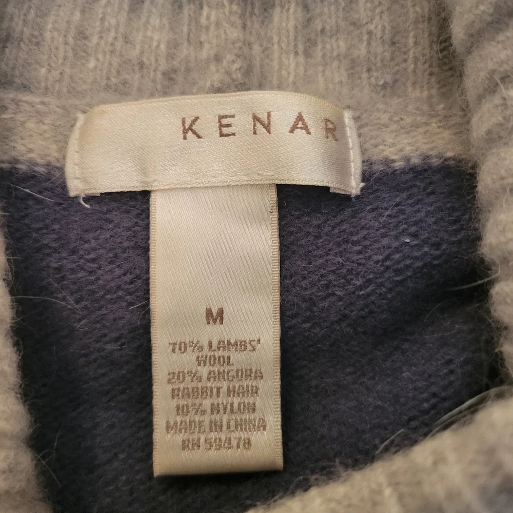 Kenar Woman's Lambs Wool and Angora Sweater Cowl Neck, Grey, Blue Stripe, Medium - Picture 5 of 5